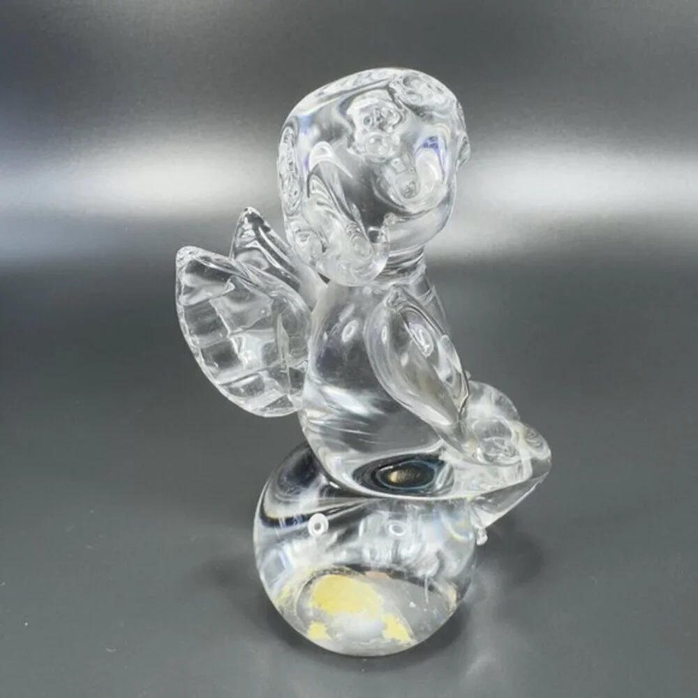 Vintage Hand Blown Clear Angel Figurine Paperweight Hand Sculptured With Sticker